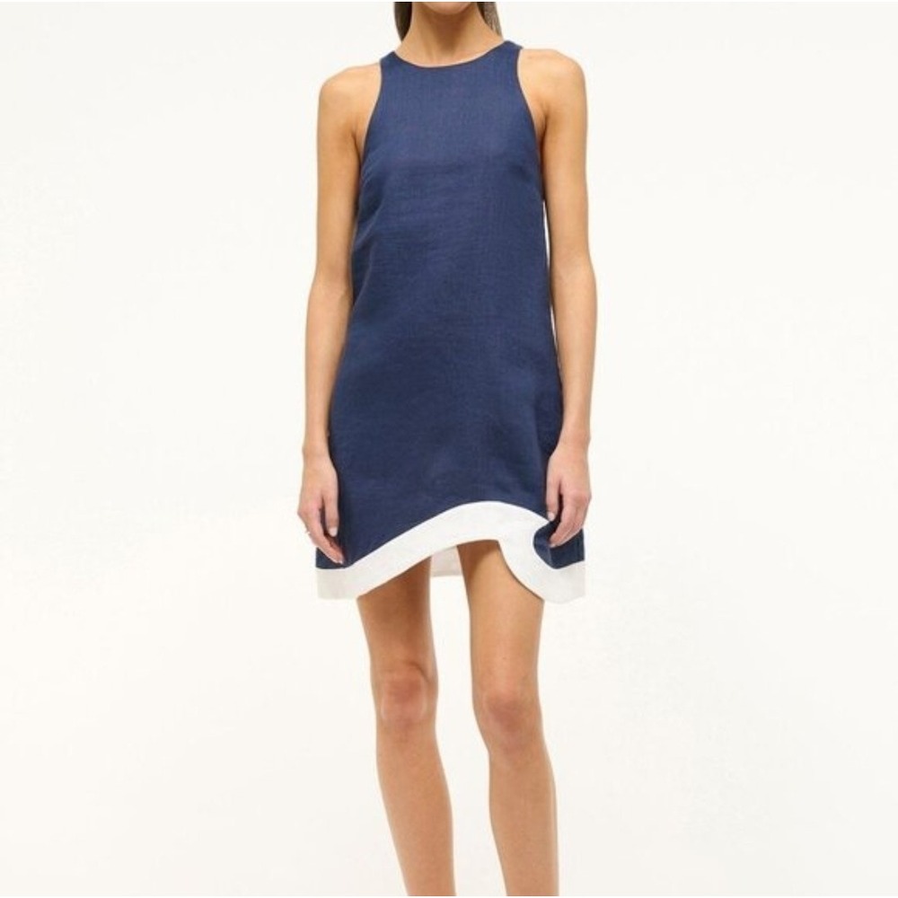 STAUD Allori Linen‎ Shift Dress XL Navy White Sleeveless Asymmetrical Hem NWT